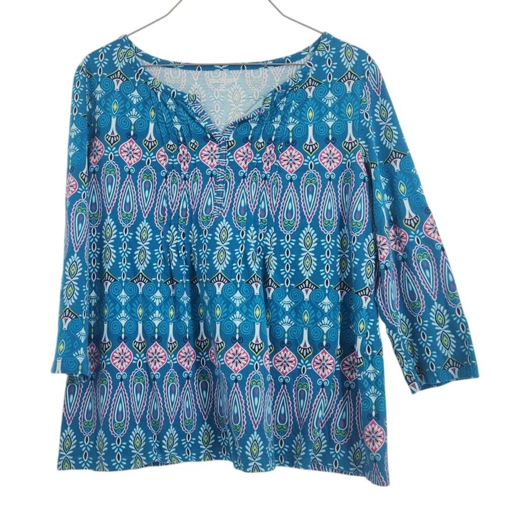 Kim Rogers Blue 3/4 Sleeve Top Womens Petite Size Large L